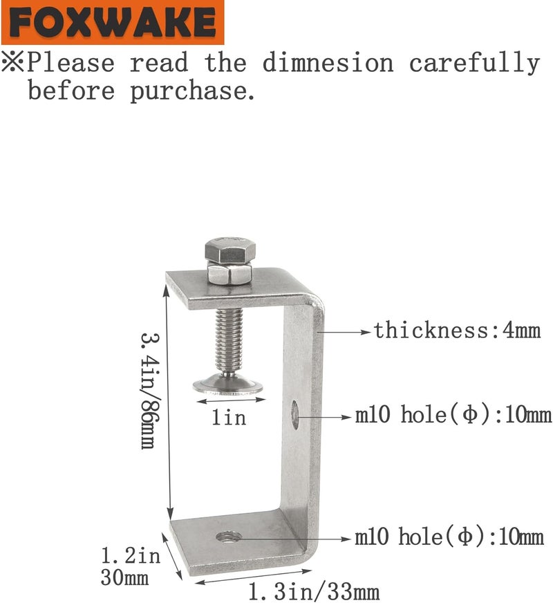 foxwake Stainless Steel C Clamps 3.2In for Mounting, Heavy Duty Metal U Clamp for Metal Working Small Desk Clamp with Stable Wide Jaw Opening & Protective Pads/I-Beam Design (2pcs) - Image 2